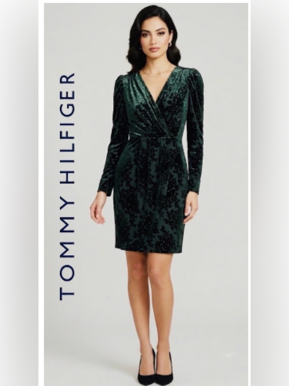 Tommy Hilfiger Dark Green Velvet Floral Dress. Size 4